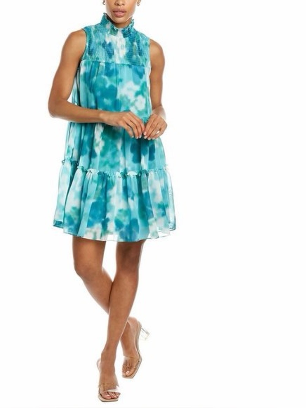 Taylor Aqua Sleeveless Turtleneck Ruffle Trim Printed A-Line Dress